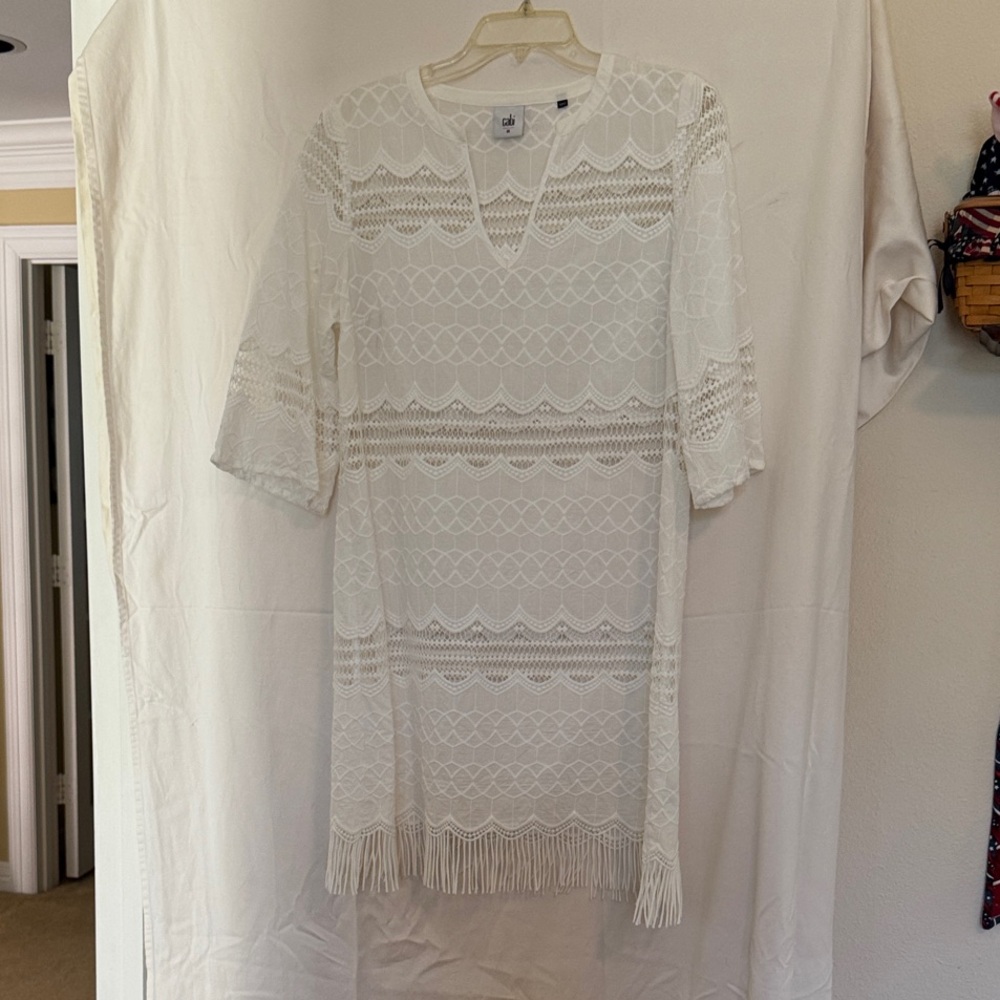 CAbi White Lace Fringe Dress